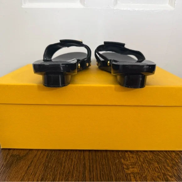 FENDI Authentic Black Wooden Slide Sandals w/ Logo Canvas & Gold Buckle, size 37 - Picture 3 of 9